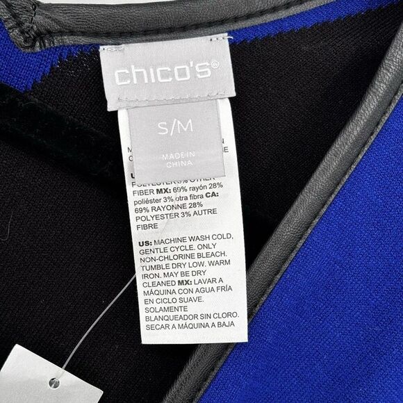 Chico’s Faux Leather Trim Sweater Ruana Blue Seafaring Blue Size S/M - Picture 5 of 11